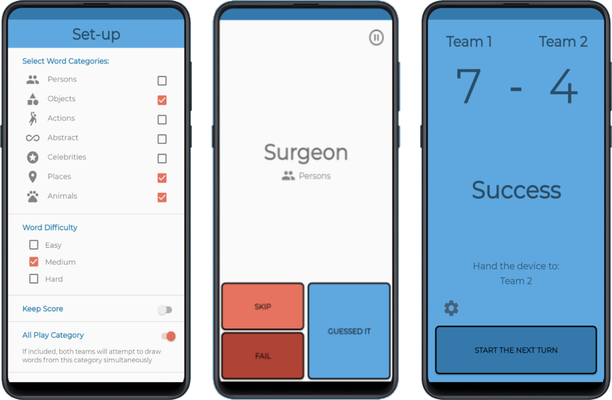 Three Piction screens: game setup with word categories and difficulty, a live round showing the word to draw, and the automatic scoreboard.